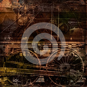 Retro technology, old trains, grunge background