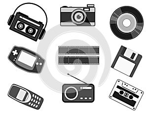 Retro technology , vintage icons in black and white