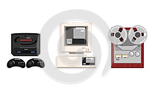 Retro Telecommunication Technologies Set, Reel Recorder Tape Player, Video Game Controller, Personal Computer Cartoon