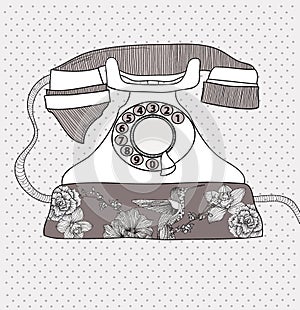 Retro telephone with flowers and birds pattern