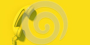 Retro telephone, yellow old phone handset on yellow wall background, copy space. 3d illustration
