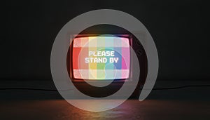 Retro television displaying please stand by test pattern with static