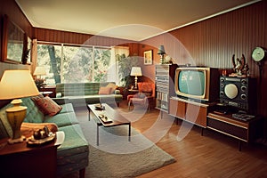 Retro television from the fifties, old fashioned vintage living room illustration