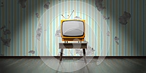 Retro television set, wallpaper on cracked wall - 3D illustration