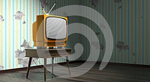 Retro television set, wallpaper on cracked wall - 3D illustration