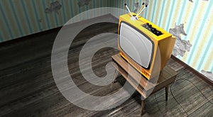 Retro television set, wallpaper on cracked wall - 3D illustration