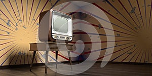 Retro television set, wallpaper on cracked wall - 3D illustration
