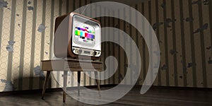 Retro television set, wallpaper on cracked wall - 3D illustration