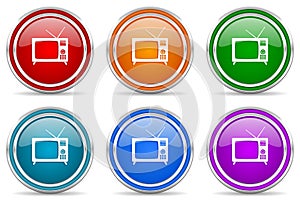 Retro television, tv and video screen silver metallic glossy icons, set of modern design buttons for web, internet and mobile