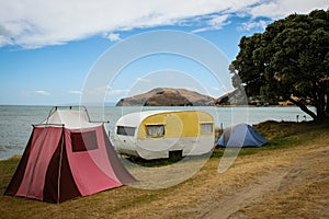 Retro Tents and old fashioned caravan freedom camping, Turihaua, Gisborne, East Coast, North Island, New Zealand