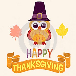 Retro Thanksgiving Day card design with cute little owl in Pilgrim hat