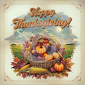 Retro Thanksgiving Scene with a Harvest Basket of Abundance photo