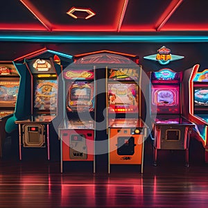 A retro-themed arcade with classic pinball machines, arcade cabinets, and neon lights3
