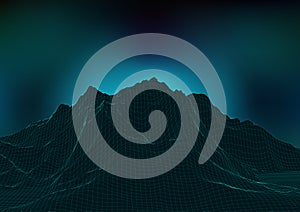 Retro themed background with abstract wireframe landscape