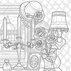 Retro things.Painting, candles and bouque of roses.Coloring book antistress for children and adults. Illustration