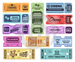 Retro tickets. Circus, cinema and theatre admit one ticket. Vintage admission coupon, concert and movie night tickets