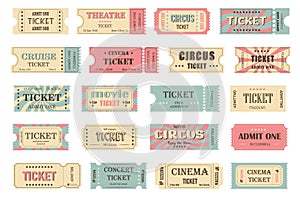 Retro tickets set. Vintage cinema, circus, concert