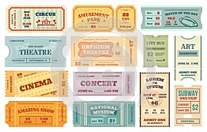 Retro tickets to cinema, vintage movie, concert or theater ticket. Old paper admission coupon, invitation card for event