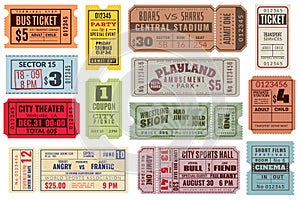 Retro tickets. Vintage cinema ticket concert and festival event, movie theater coupon. Circus show, raffle paper voucher photo