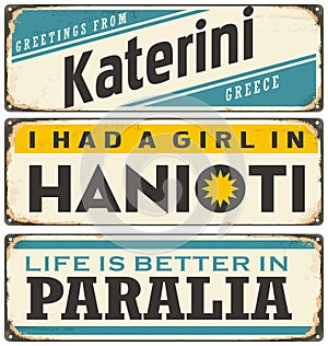 Retro tin sign collection with cities in Greece