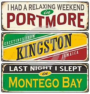 Retro tin sign collection with Jamaica cities