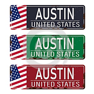 Retro tin sign collection with USA city names Austin. Vintage vector souvenir sign