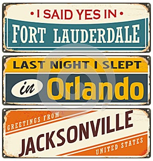 Retro tin sign templates collection with USA cities