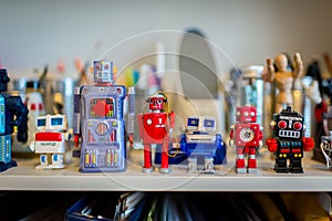 Retro tin toy robots on a bookshelf