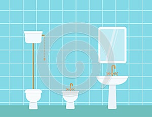 Retro toilet, bidet and sink on blue background. Home interior concept