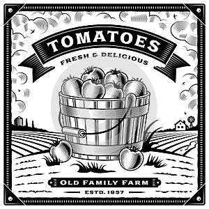 Retro tomato harvest label with landscape black and white