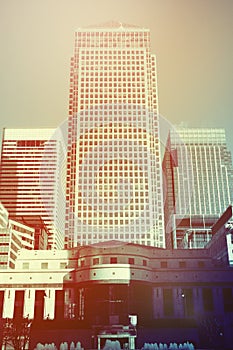 Retro toned Canary Wharf skyscrapers