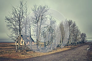 Retro toned an old abandoned hut in a foggy day.