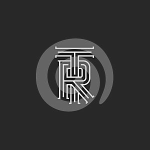 Retro TR logo monogram, overlapping thin line capital letters T R combination, wedding initials RT emblem
