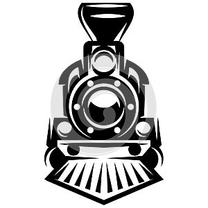 Retro train, front view. Monochrome vector image. Template for design