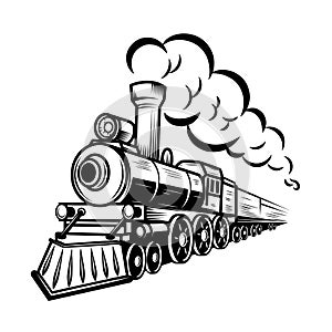 Retro train illustration isolated on white background. Design element for logo, label, emblem, sign.