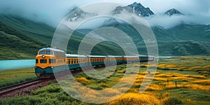 A retro train overcoming panoramic landscapes, creating an atmosphere of an old and romantic tr