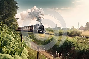 retro train ride through a vintage landscape, with steam engine and wooden wagons