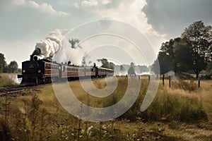 retro train ride through a vintage landscape, with steam engine and wooden wagons