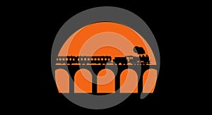 Retro train with steam locomotive. Black silhouette on the sunset background. Vector illustration