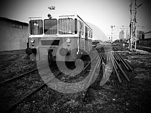 Retro train wagon. Vintage locomotive made in Yugoslavia. Sremska Mitrovica, Black white monochrome photography. The