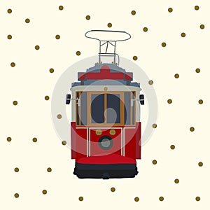 Retro tram card. Old red Turkish motor transport of the city. Tramcar for city trips. Electric cars Streetcar in the