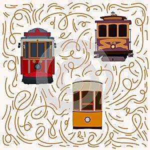 Retro tram poster. Old American, Turkish, European. Tramcar city transport for city trips. Electric cars Streetcar in