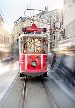 Retro tram on Taksim Istiklal Street in Istanbul, Turkey in a summer day photo