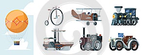 Retro transport. Old vintage vehicles in flat style cars trucks carriage airplanes garish vector cartoon illustrations