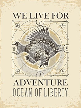 Retro travel banner with big fish and old map