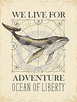 Retro travel banner with big whale and old map