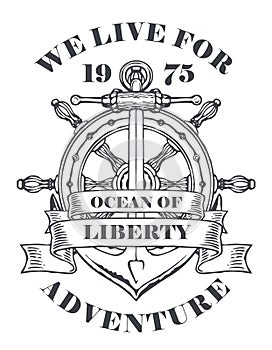 Retro travel banner with ship anchor and helm