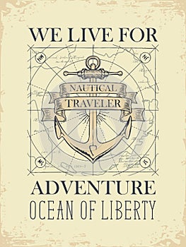 Retro travel banner with a ship anchor and map