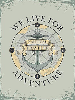 Retro travel banner with a ship anchor and map