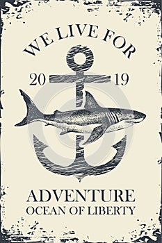 Retro travel banner with ship anchor and shark